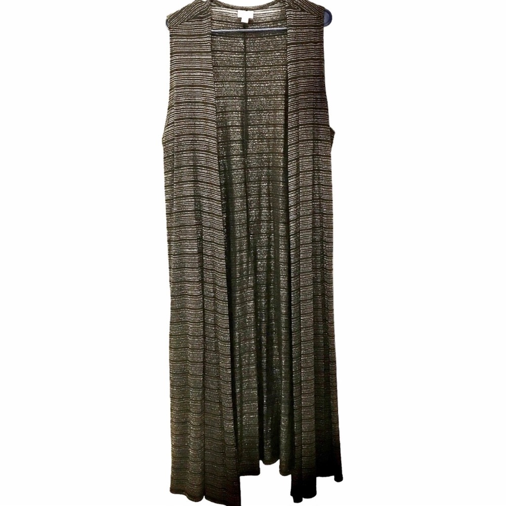 LuLaRoe Black & Glitter Gold Stripes Open Sides Plus Size Vest Duster Cardigan